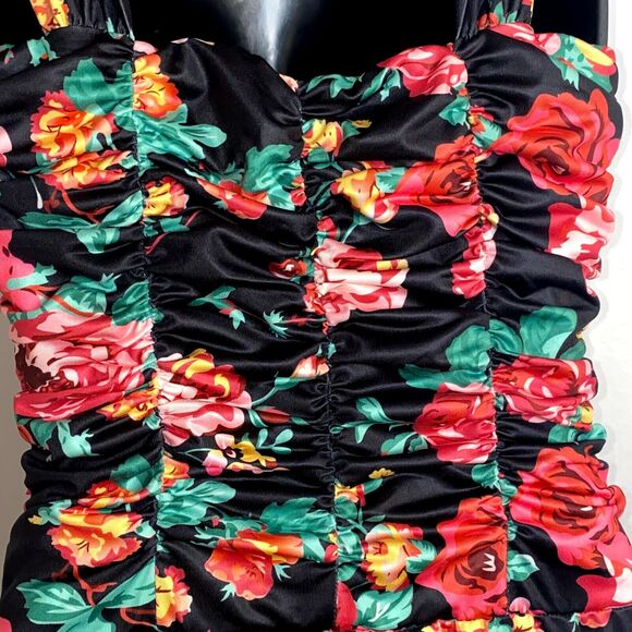 New S Floral Ruched Deep V Neck Wired Bodysuit Black 90's Retro - Picture 8 of 8